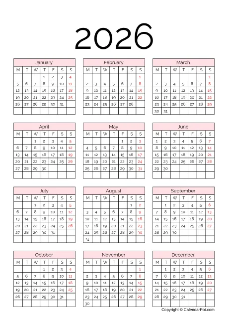 Calendar Simple Month Pink Color Template Portrait Sunday Start
