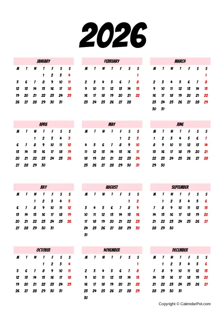 Calendar Classic Month Pink No Bordered Template Portrait Sunday Start