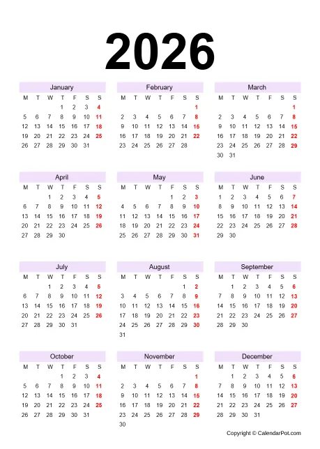 Calendar Classic Month Violat No Bordered Template Portrait Sunday Start