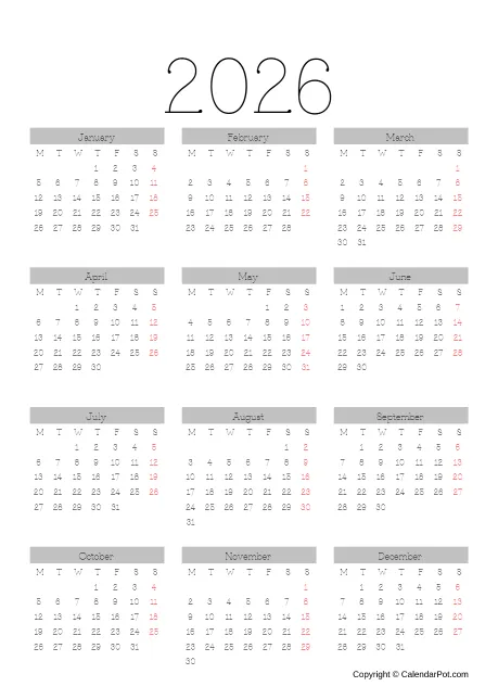 Calendar Simple Portrait Sunday Start