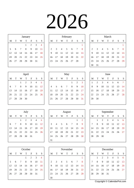 Calendar Yearly Printable Portrait Sunday Start